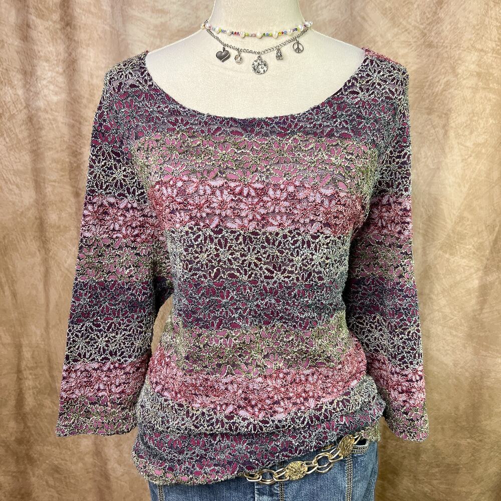 Vintage Y2K Floral Mesh Top Multicolor Ombre Striped Wide Neck 3/4 Sleeve Boho